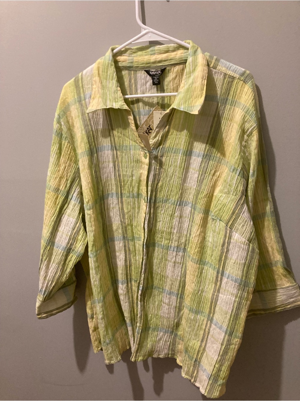 NWT Krazy Kat Womens 2X Stretch Button Up Shirt Long Sleeve Olive Green Blouse
